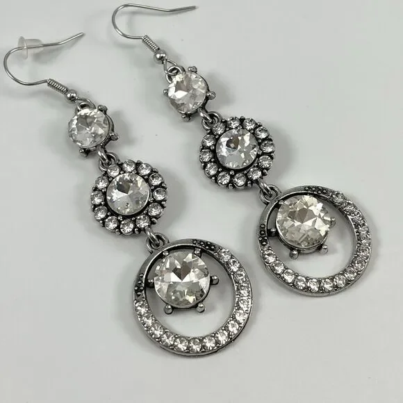 Silver Tone Boho Dangle Earrings White Glass Halo Round Rhinestones Bling - Picture 2 of 7